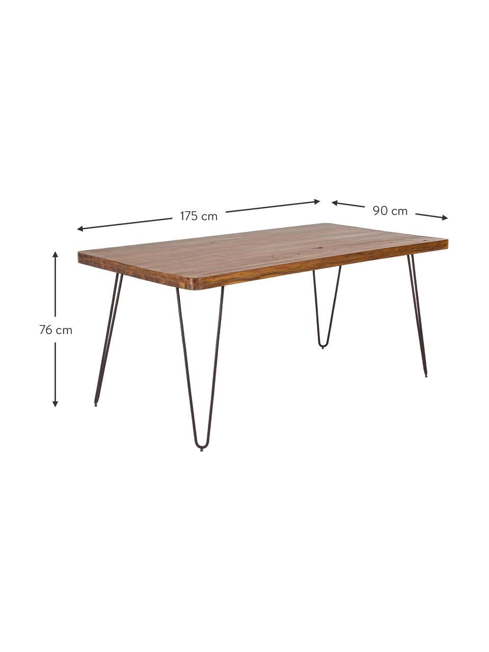 Eettafel Edgar met massief houten blad, 175 x 90 cm, Tafelblad: acaciahout, Poten: metaal, Acaciahout, B 175 x D 90 cm