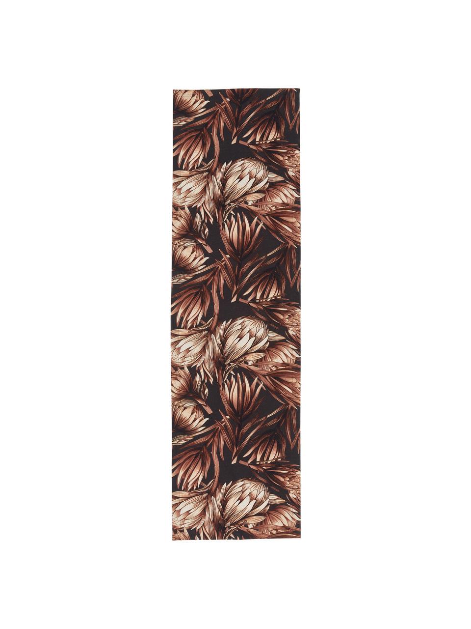 Běhoun na stůl z bavlny s květinovým vzorem Protea, Antracitová, odstíny hnědé
