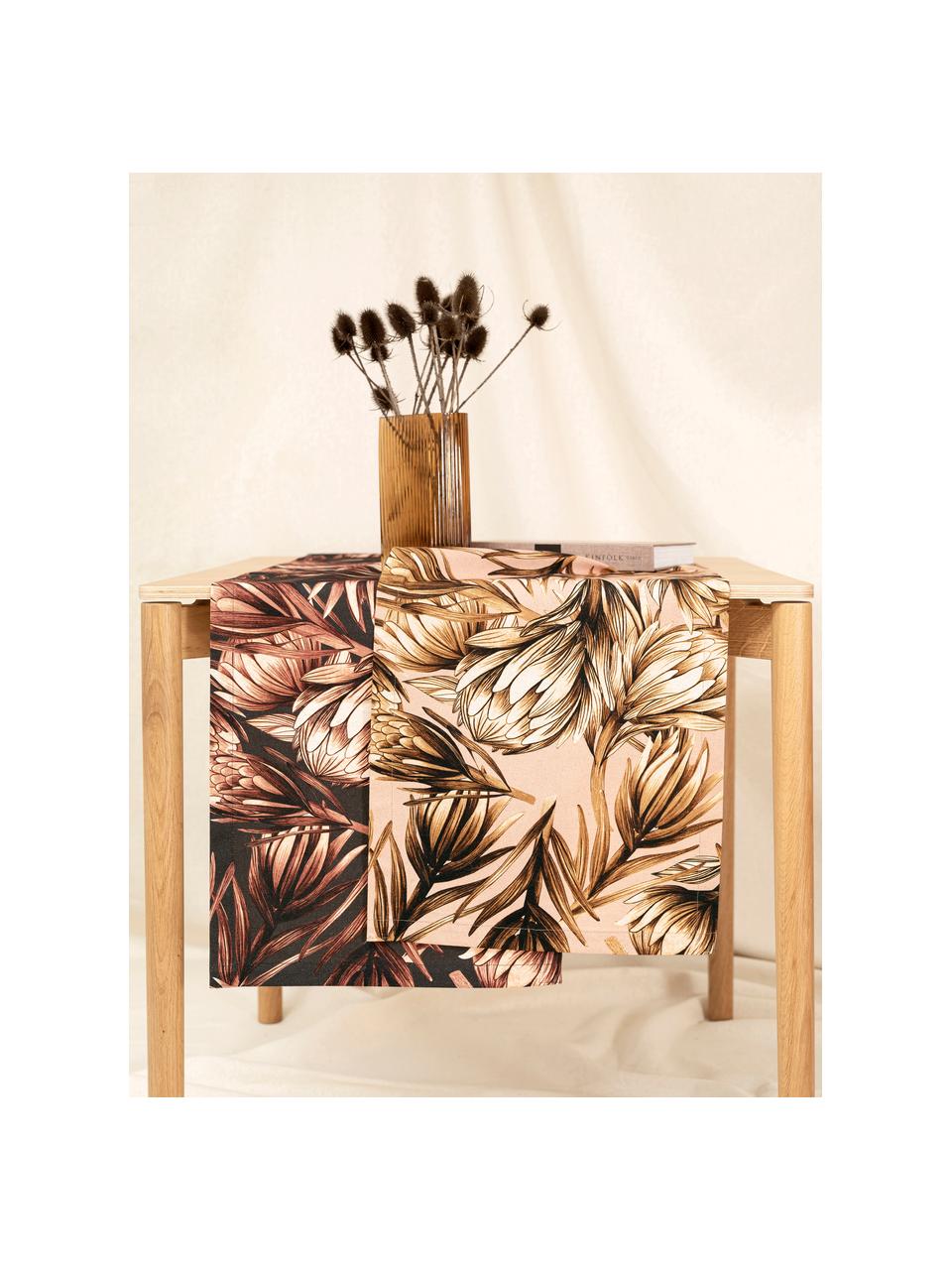 Stolový behúň s kvetinovým vzorom Protea, 85 %  bavlna, 15 % ľan, Antracitová, tóny hnedej, Š 40 x D 145 cm