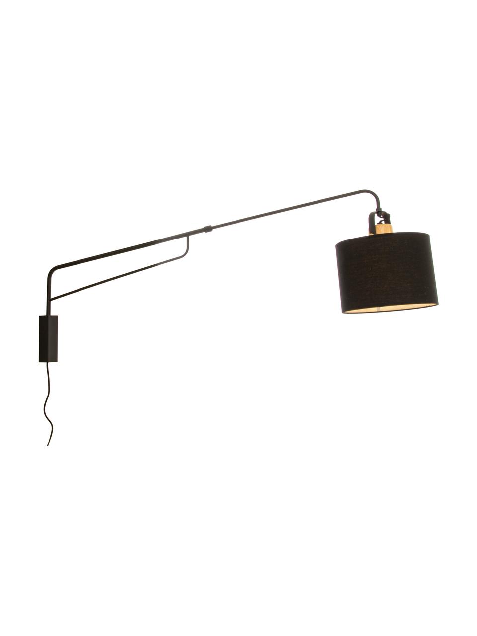 Grote wandlamp Wally met stekker en hout-decoratie, Lampenkap: 50% katoen, 50% polyester, Zwart, naturel, D 120 x H 43 cm