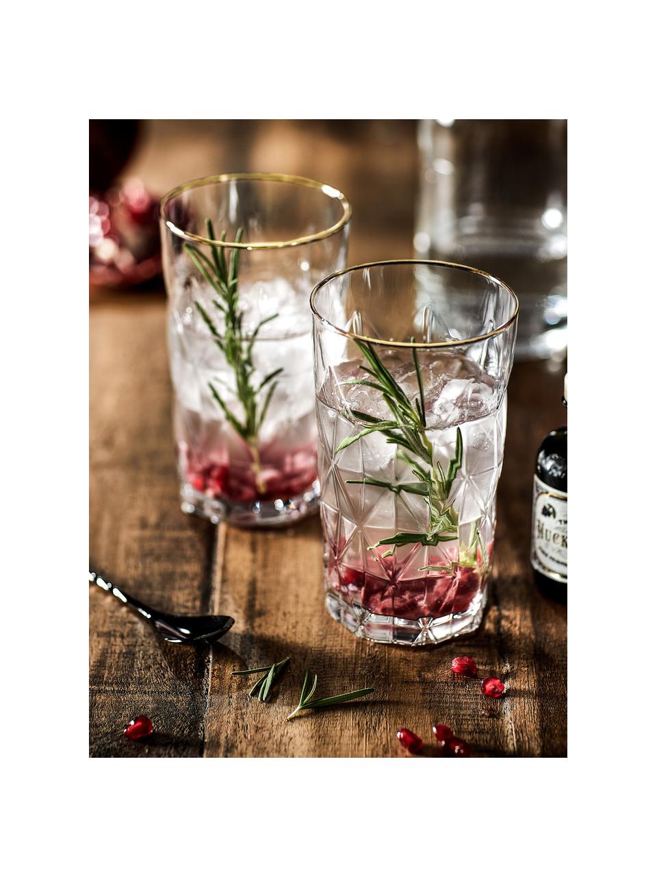 Sklenice na long drink se strukturálním vzorem Upscale, 6 ks, Sklo, Transparentní se zlatým okrajem, Ø 8 x V 14 cm, 460 ml