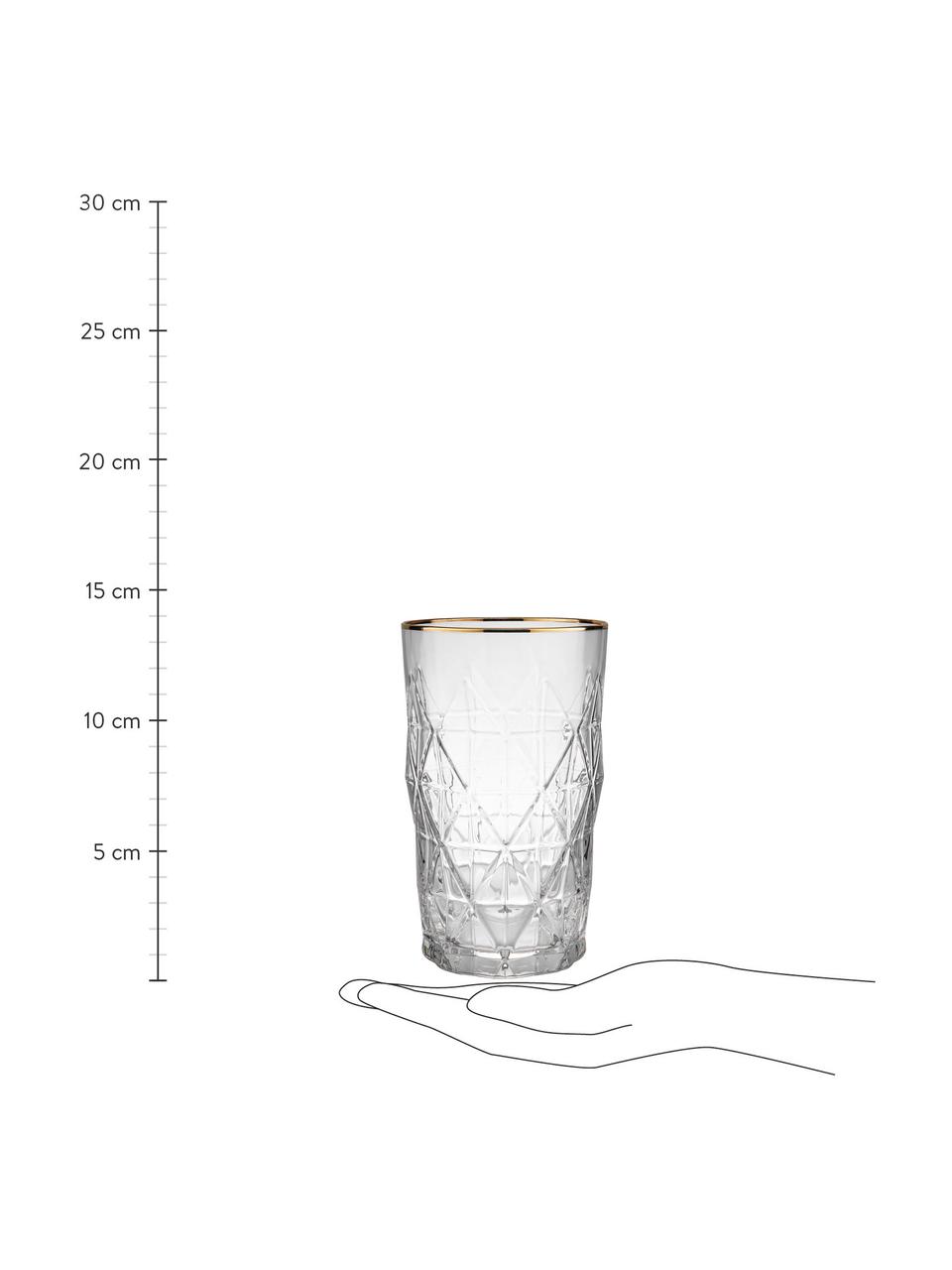 Vasos highball con relieves Upscale, 6 uds., Vidrio, Transparente con borde dorado, Ø 8 x Al 14 cm, 460 ml