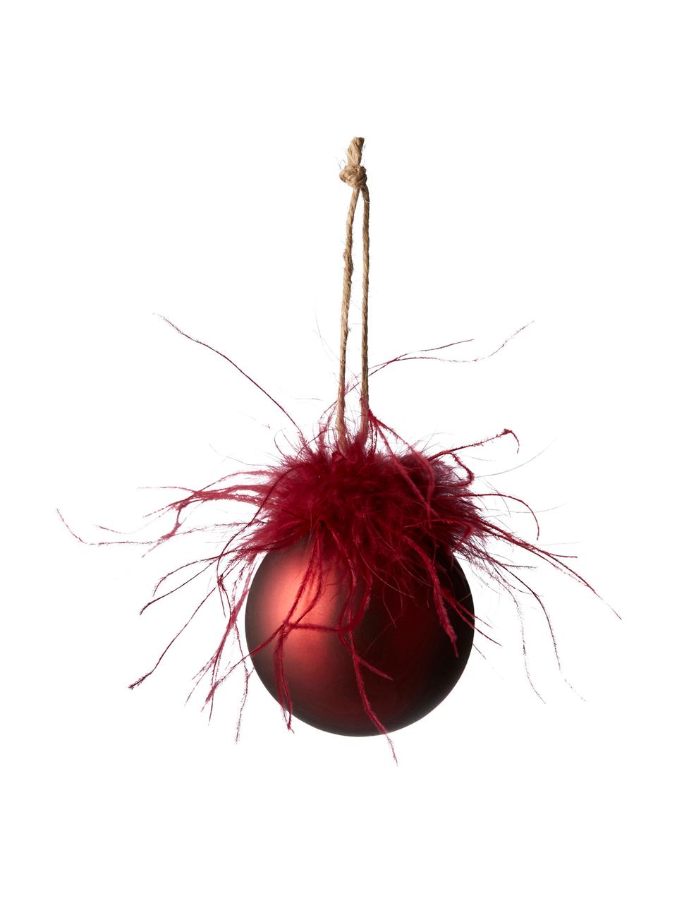 Palla di Natale Fethia, 2 pz., Decorazione: piume sintetiche, Rosso scuro, Ø 6 x Alt. 8 cm