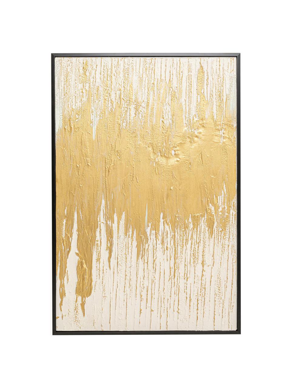 Handbeschilderde canvasdoek Abstract, Frame: dennenhout, Goudkleurig, zwart, B 80 x H 120 cm