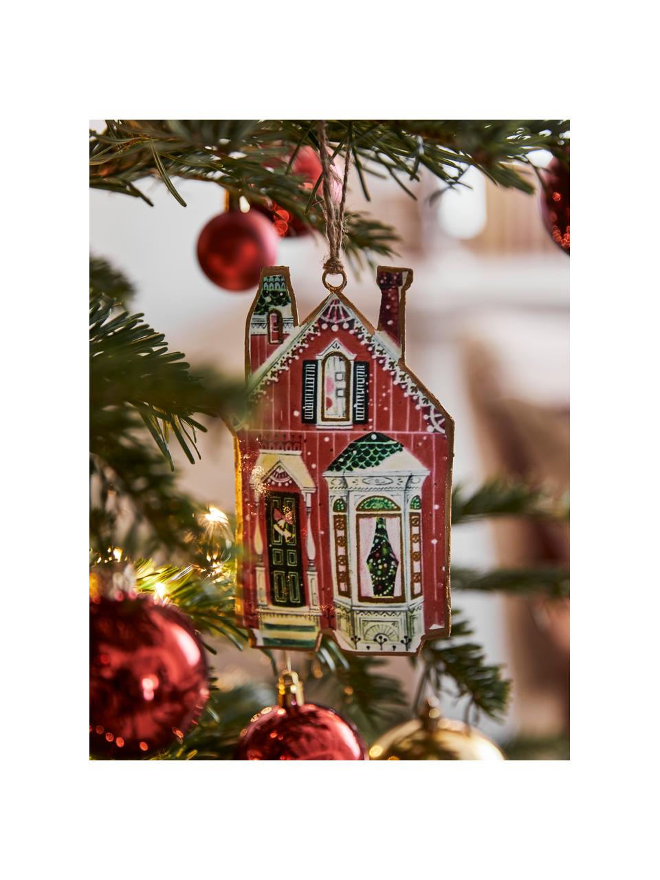 Kerstboomhanger Houses, set van 4, Metaal, Roodtinten, groentinten, Set met verschillende formaten