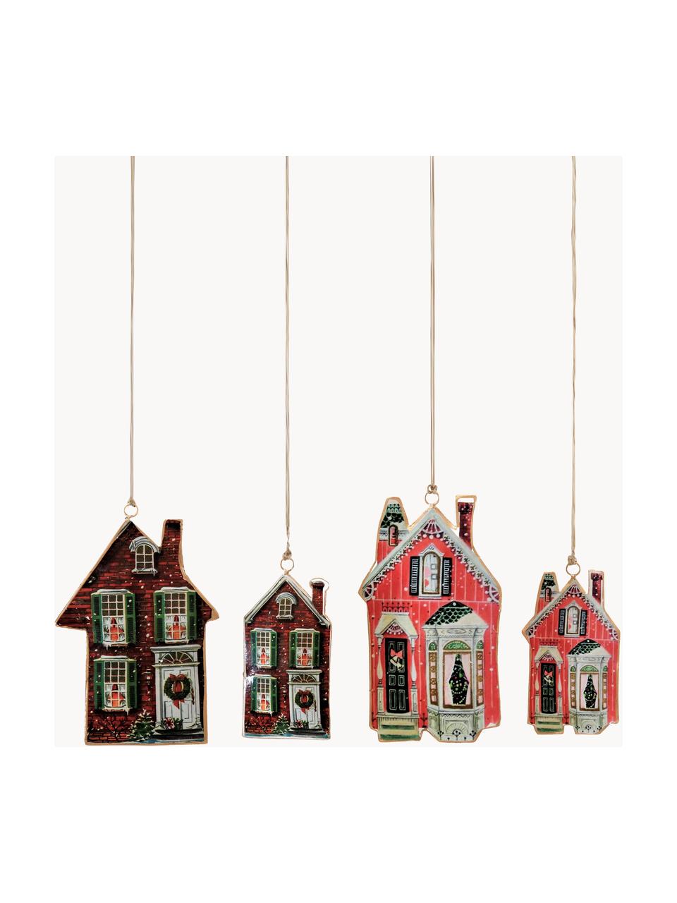 Kerstboomhanger Houses, set van 4, Metaal, Roodtinten, groentinten, Set met verschillende formaten