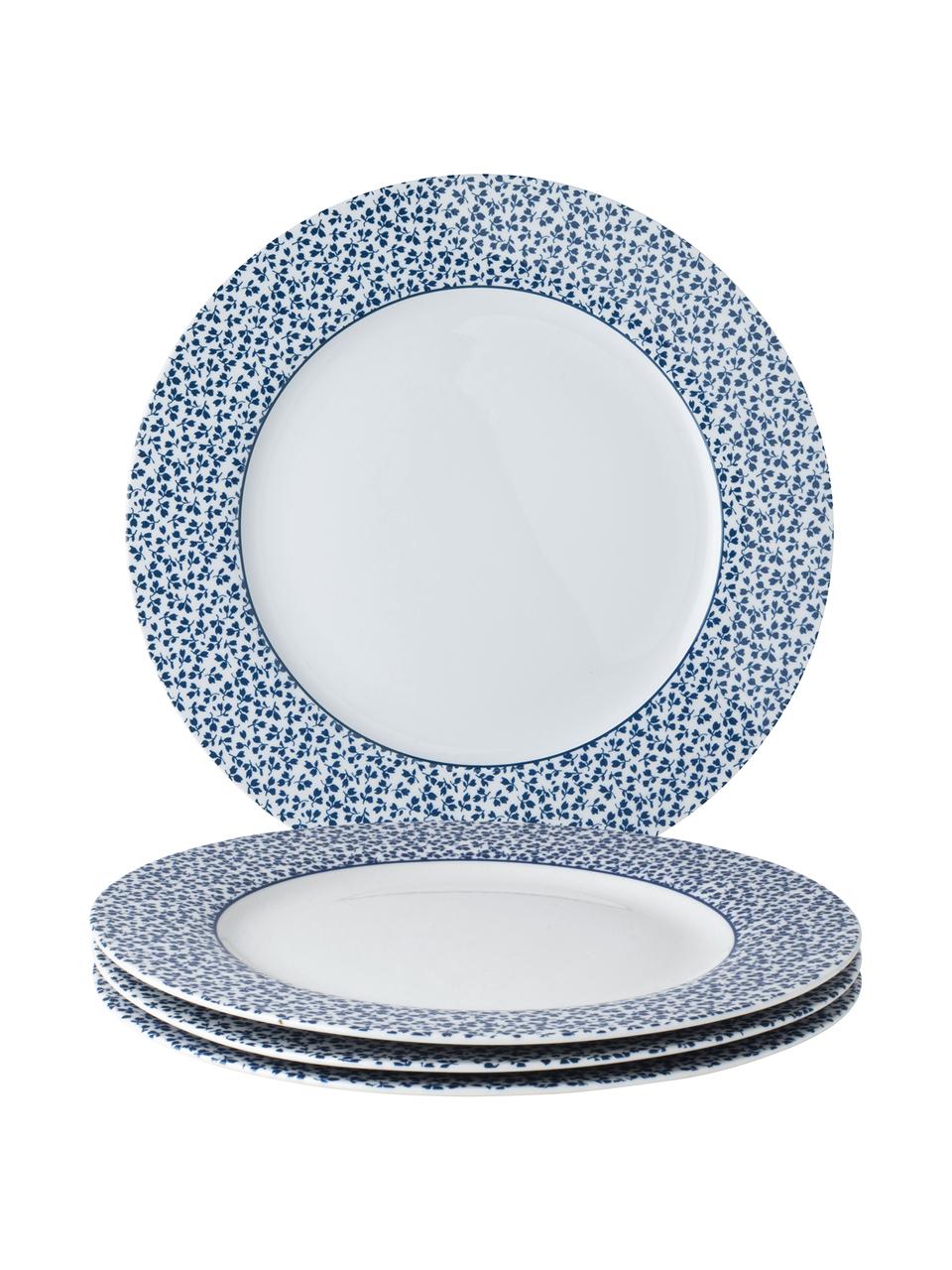 Platos llanos estampados Candy Rose, 4 uds., Porcelana fina (Fine Bone China), Blanco, azul, Ø 26