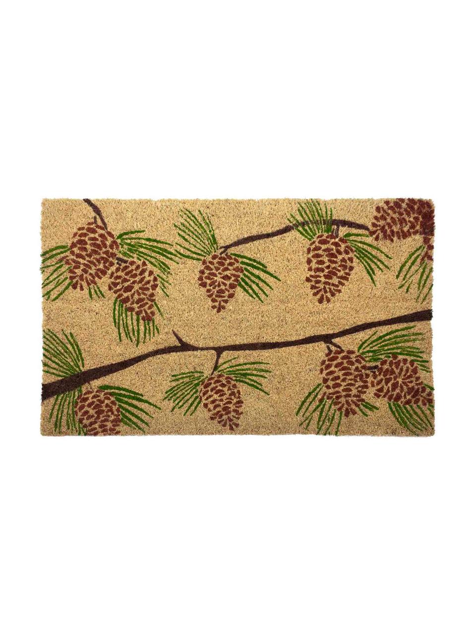 Fußmatte Pine Cones, Oberseite: Kokosfasern, Unterseite: PVC, Beige, Grün, Rot, Braun, 43 x 70 cm