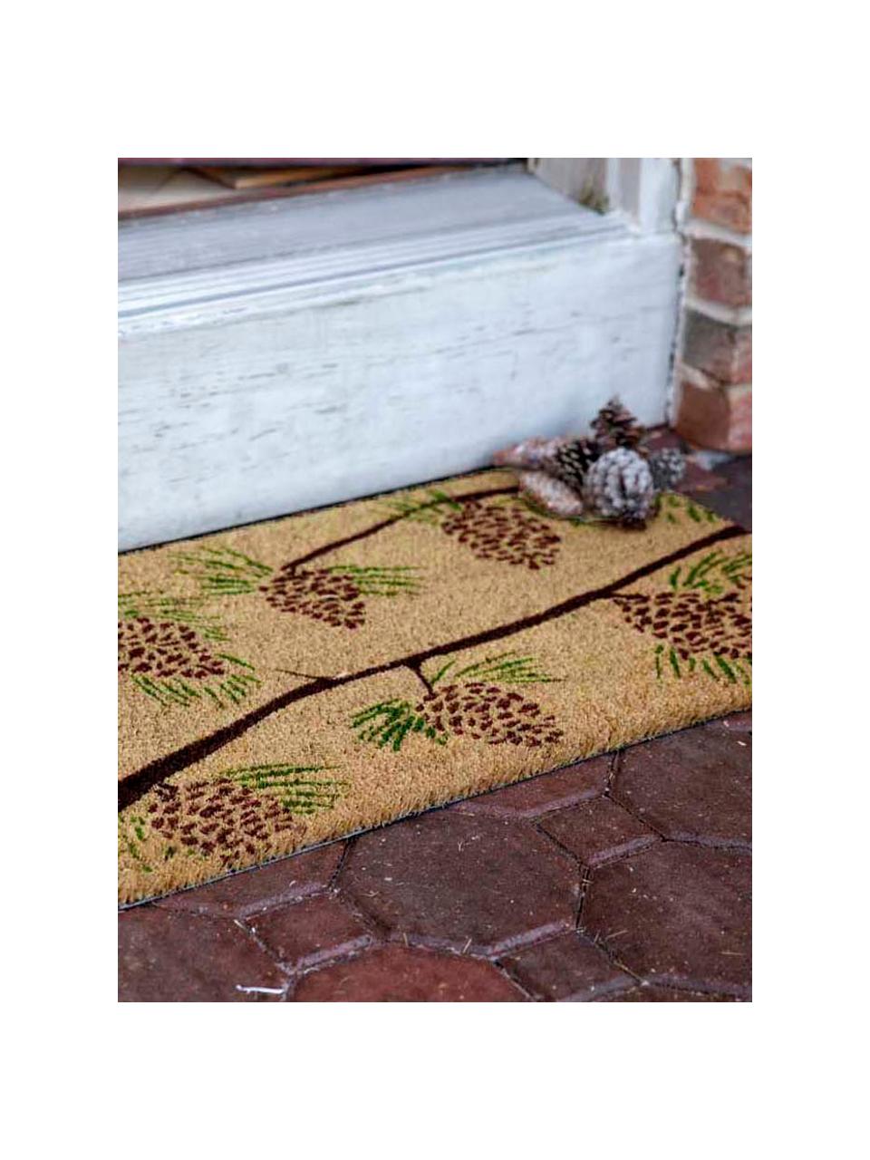 Deurmat Pine Cones, Bovenzijde: kokosvezels, Onderzijde: PVC, Beige, groen, rood, bruin, 43 x 70 cm