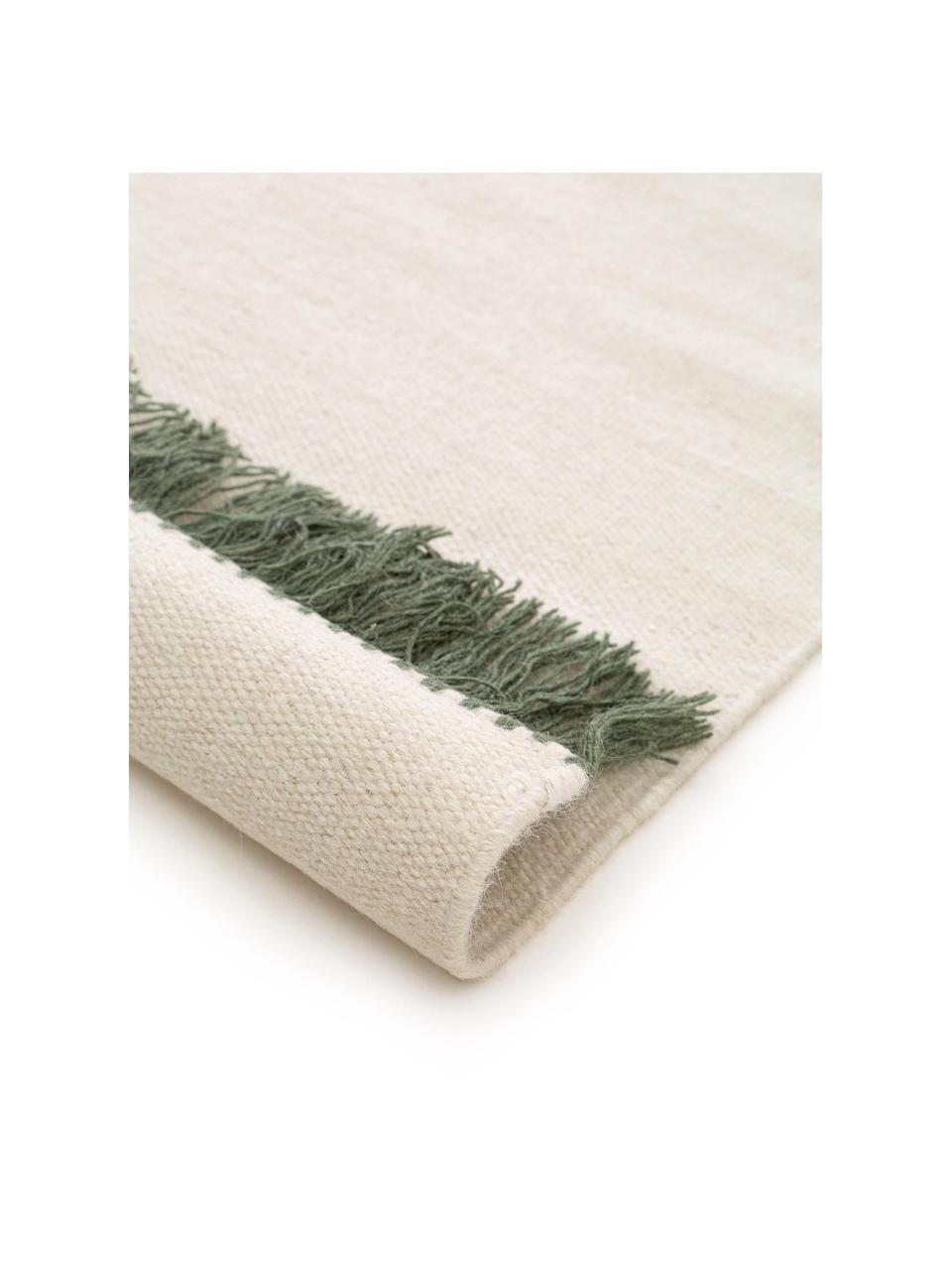 Tapis de couloir en laine tissé à la main avec franges Gitta, 90 % laine, 10 % coton

Les tapis en laine peuvent perdre des fibres lors des premières semaines et des peluches peuvent se former, ce phénomène est naturel et diminue à mesure de votre usage et du temps, Blanc cassé, vert foncé, larg. 70 x long. 200 cm