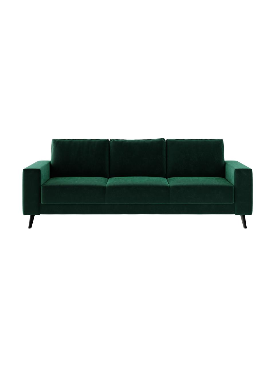 Divano 3 posti in tessuto verde scuro Fynn, Rivestimento: 100% poliestere con sensa, Struttura: legno duro, legno tenero,, Piedini: legno verniciato Il rives, Verde scuro, Larg. 233 x Prof. 86 cm