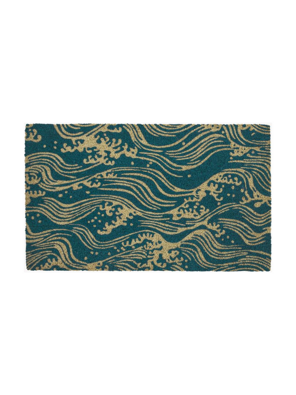 Paillasson Waves, Fibre de coco, Bleu pétrole, beige, larg. 45 x long. 75 cm