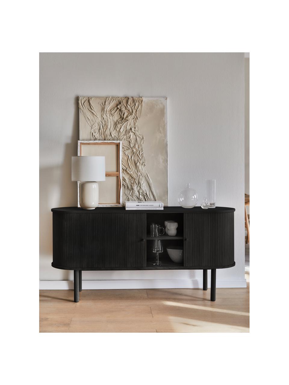 Dressoir Calary met geribde voorzijde, Frame: middeldichte vezeplaat (M, Poten: massief eikenhout, FSC-ge, Zwart, B 160 x H 75 cm