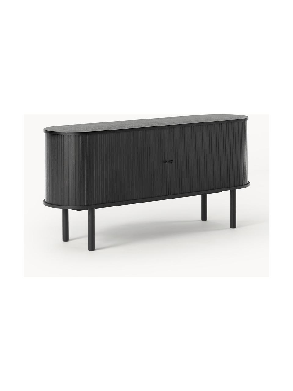 Credenza con fronte scanalato Calary, Gambe: legno massiccio di querci, Maniglie: metallo spazzolato, Nero, Larg. 160 x Alt. 75 cm