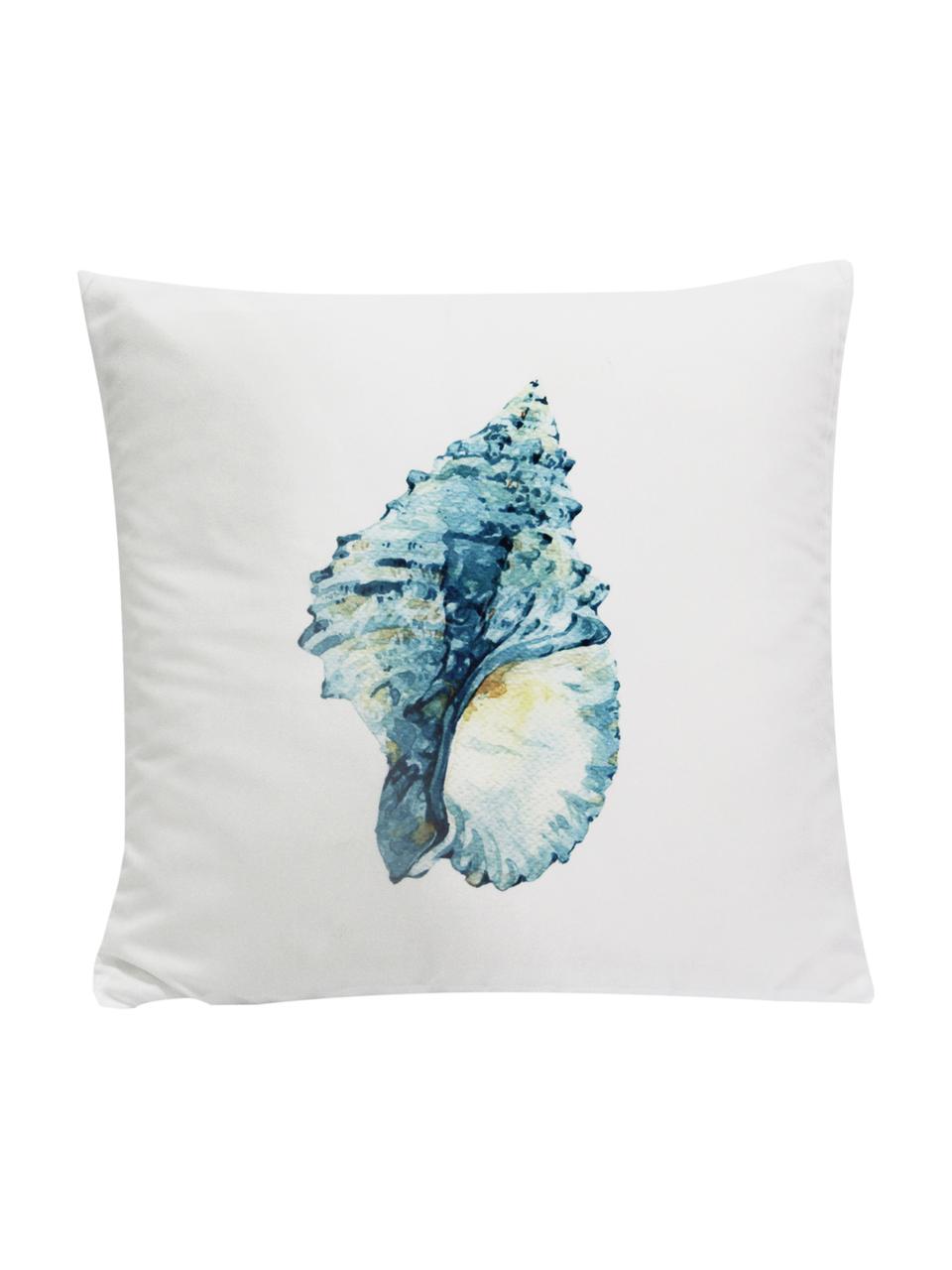 Kussenhoes Shell met schelp motief, Polyester, Wit, blauw, geel, 45 x 45 cm