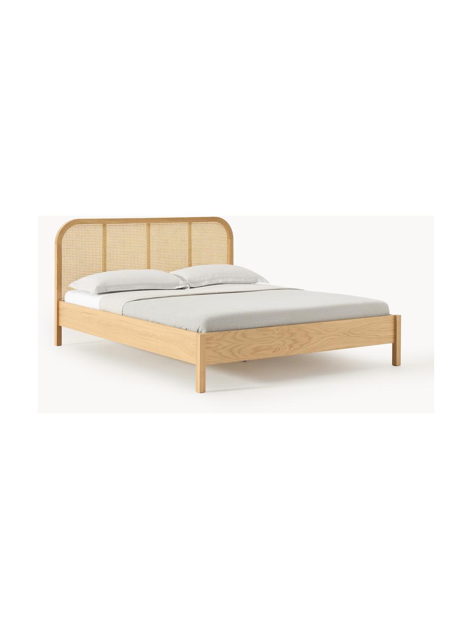 Cama de madera Jones, con cabecero, Estructura: madera contrachapada chap, Patas: madera de fresno maciza, Madera clara, An 140 x L 200 cm