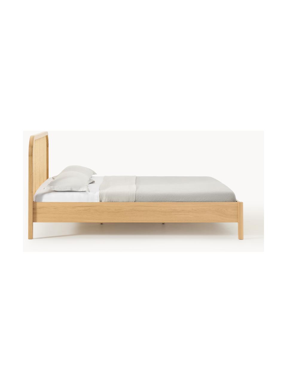 Cama de madera Jones, con cabecero, Estructura: madera contrachapada chap, Patas: madera de fresno maciza, Madera clara, An 140 x L 200 cm