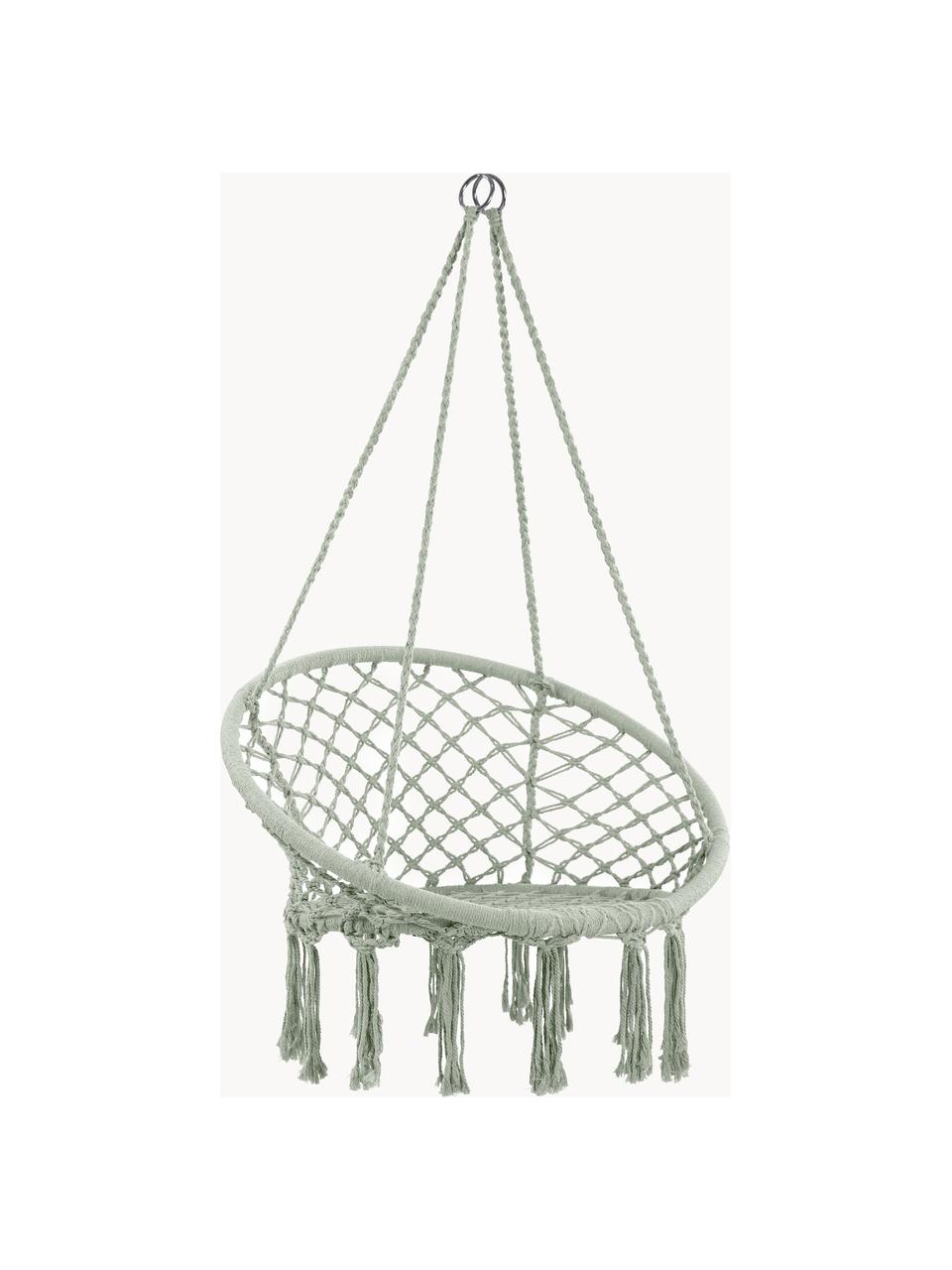 Silla colgante con flecos Bang, Tapizado: 65 % algodón, 35% poliést, Estructura: acero, Verde salvia, Ø 91 x Al 128 cm