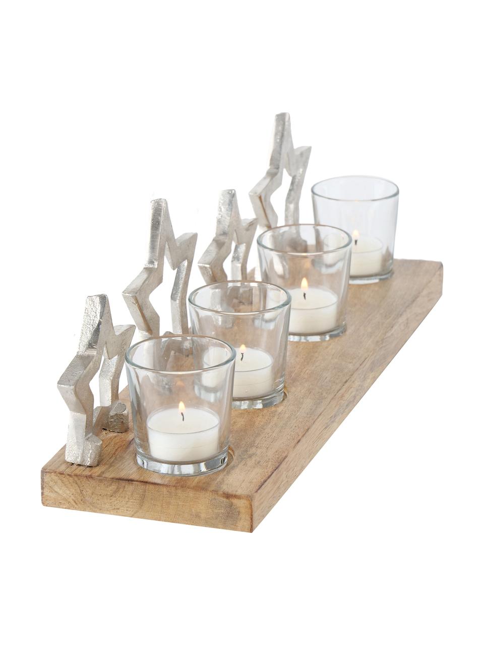 Teelichthalter-Set Janna, 5-tlg., Tablett: Mangoholz, Aluminium, Helles Holz, Silberfarben, B 42 x H 14 cm