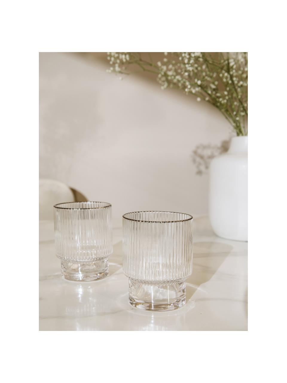 Vasos artesanales con relieve Minna, 4 uds., Vidrio soplado, Transparente, plata, Ø 8 x Al 10 cm, 300 ml