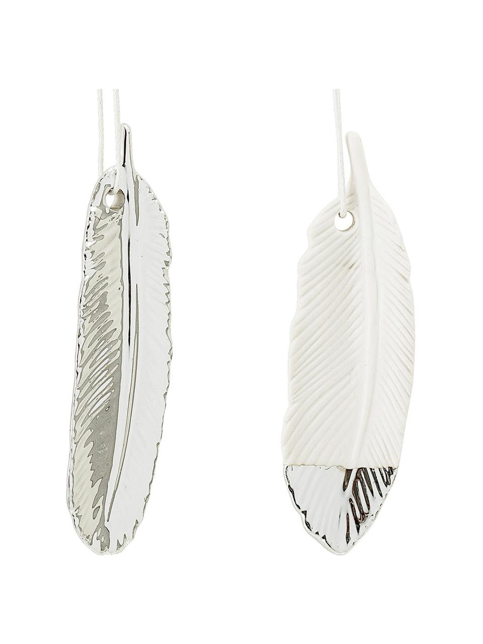 Deko-Anhänger-Set Feathers, 2-tlg., Steingut, Silberfarben, Weiß, 3 x 10 cm