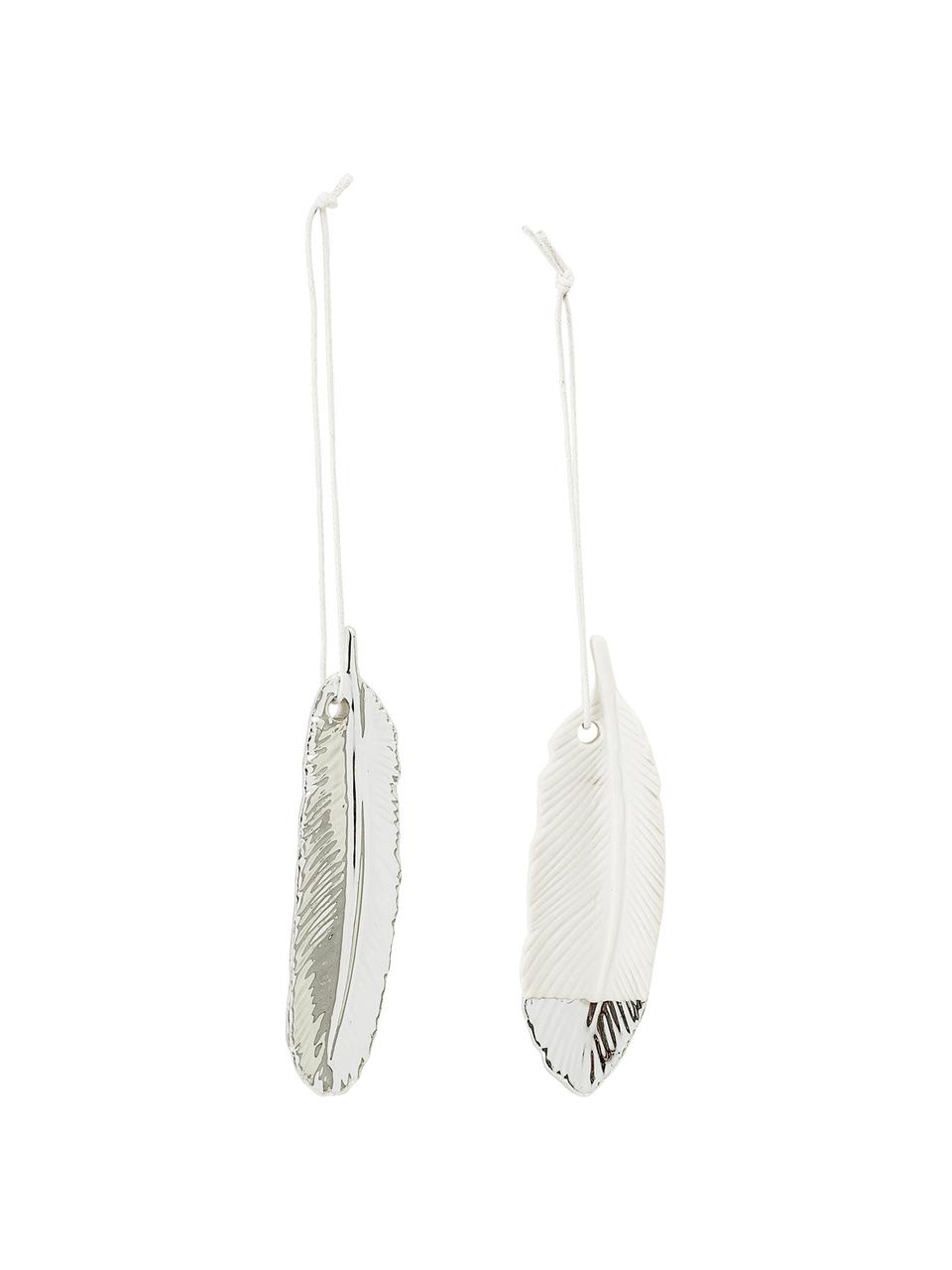 Decoratieve hangers Feathers, 2-delig., Steengoed, Zilverkleurig, wit, 3 x 10 cm
