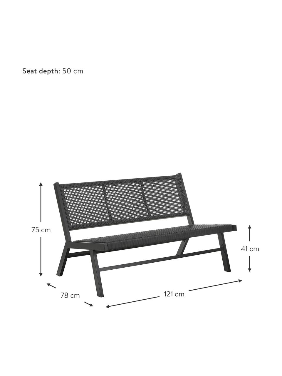 Tuinbank Palina met kunststoffen vlechtwerk, Frame: gepoedercoat metaal, Zitvlak: kunststoffen vlechtwerk, Zwart, B 121 cm x H 75 cm