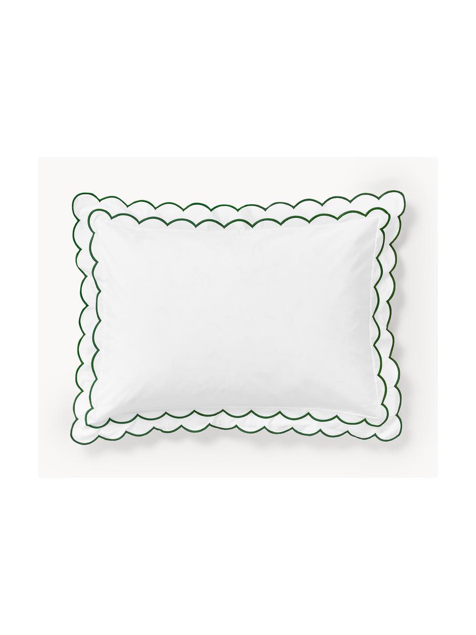 Funda de almohada de percal con dobladillo bordado Atina, Blanco, verde oscuro, An 45 x L 110 cm