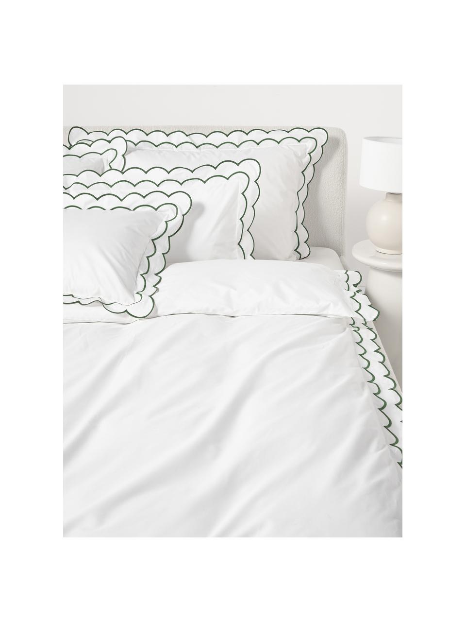 Funda de almohada de percal con dobladillo bordado Atina, Blanco, verde oscuro, An 45 x L 110 cm