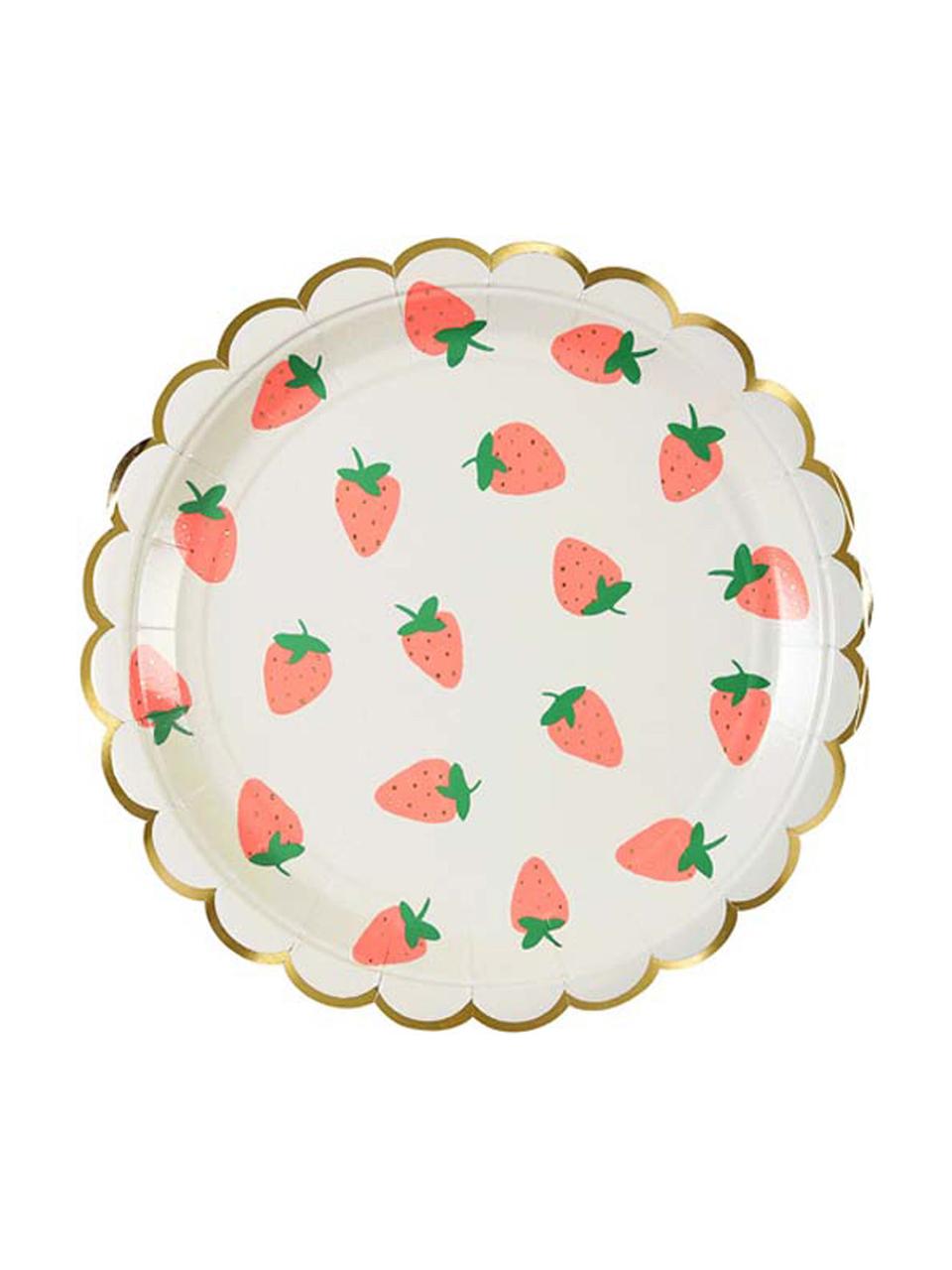Papírový talíř Strawberry, 8 ks, Bílá, růžová, zelená