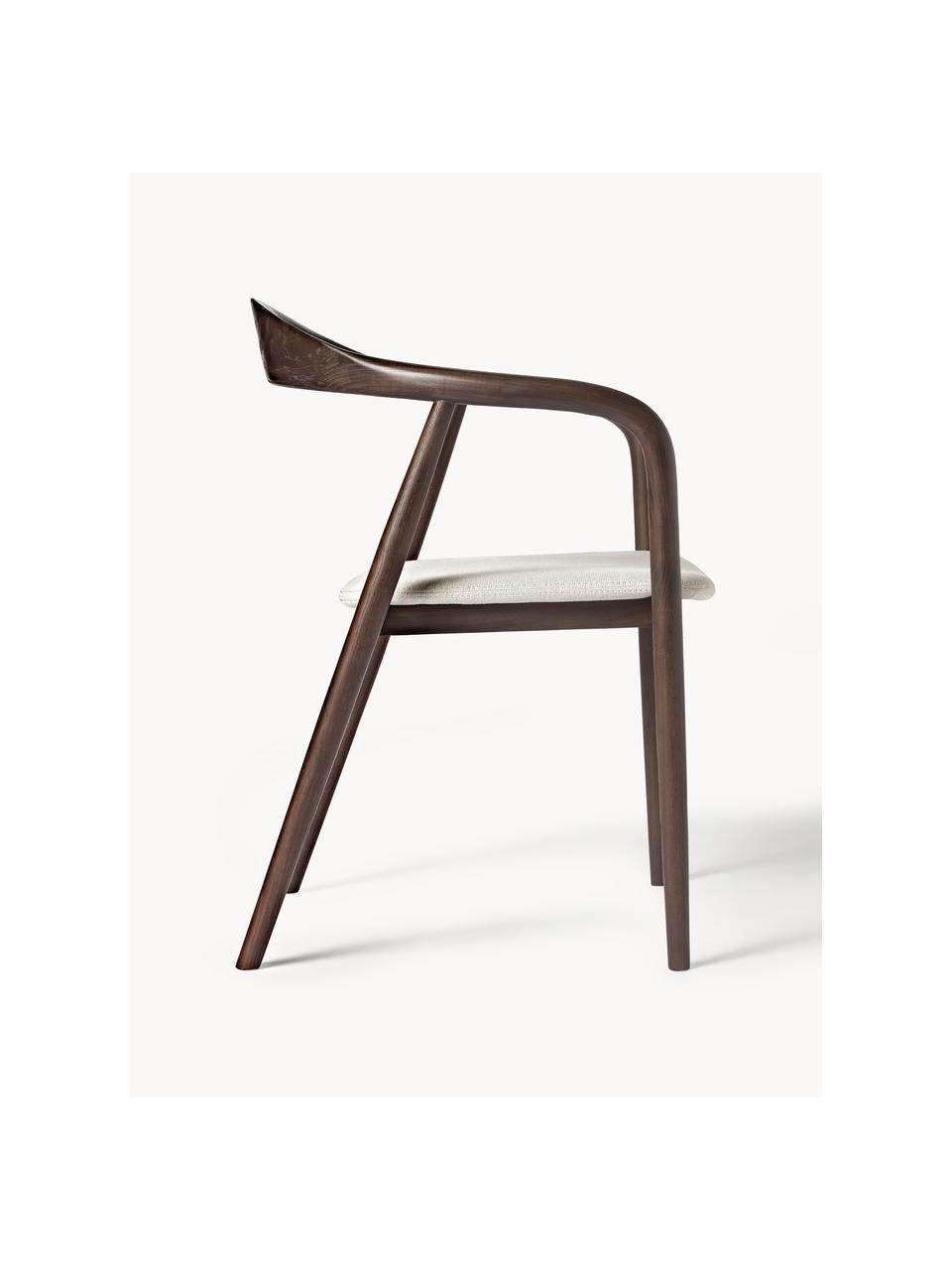 Silla con reposabrazos de madera con asiento tapizado Angelina, Tapizado: poliéster Alta resistenci, Estructura: madera de fresno con cert, Tejido blanco crema, madera de fresno oscura, An 57 x Al 80 cm