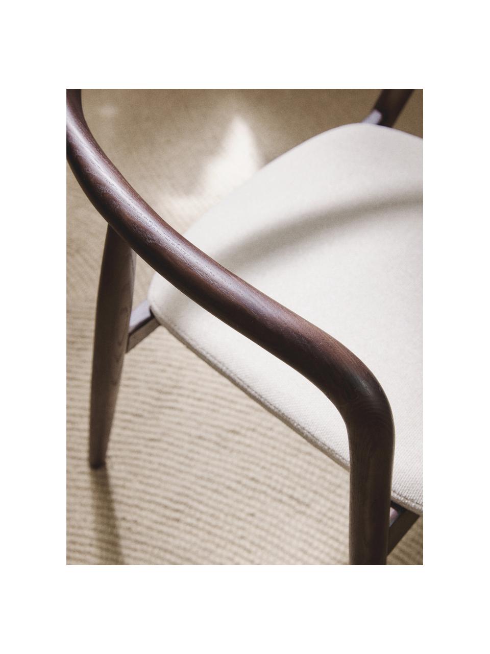 Silla con reposabrazos de madera con asiento tapizado Angelina, Tapizado: poliéster Alta resistenci, Estructura: madera de fresno con cert, Tejido blanco crema, madera de fresno oscura, An 57 x Al 80 cm