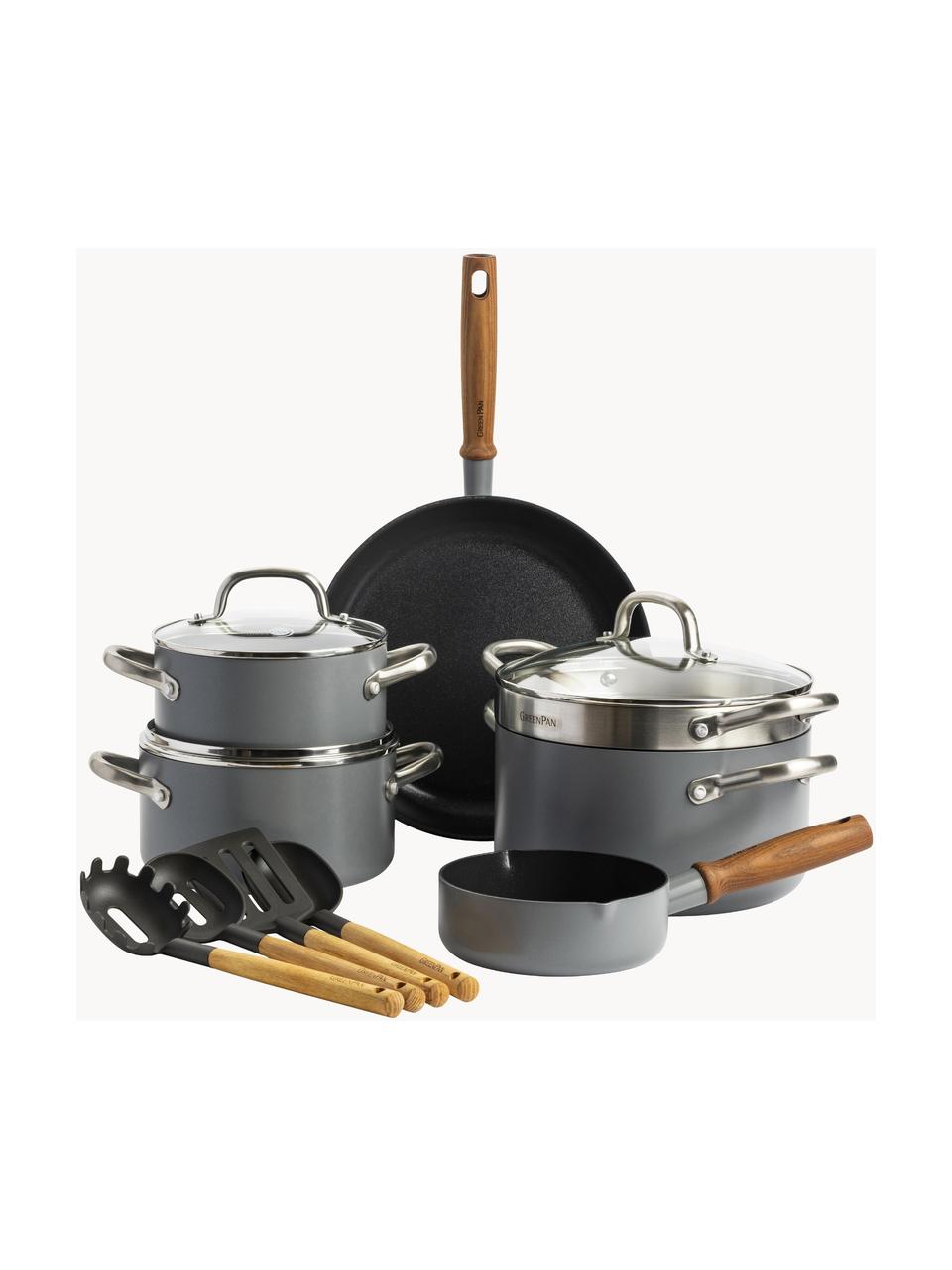 Batterie de cuisine avec revêtement antiadhésif Mayflower Pro, 10 élém., Gris foncé, foncé bois, Lot de différentes tailles