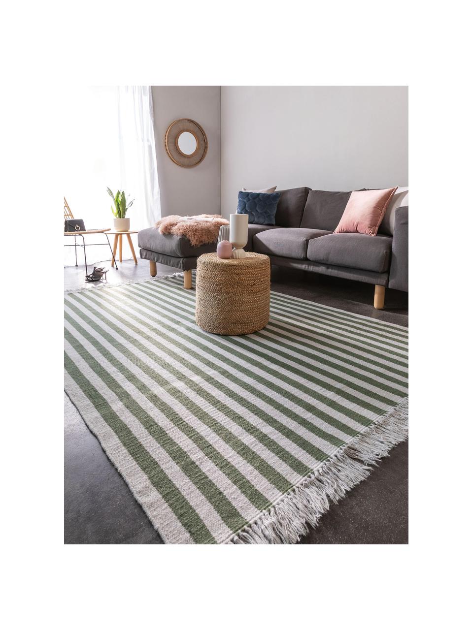 Pruhovaný vlněný koberec s třásněmi Gitta, Zelená, světle šedá