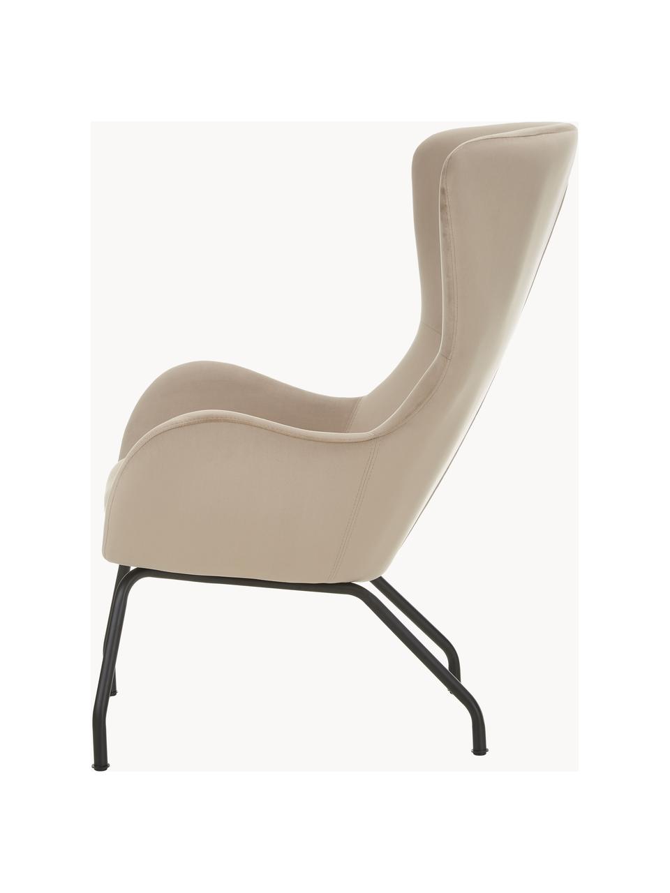 Fauteuil à oreilles en velours avec pieds en métal Wing, Velours beige, larg. 75 x prof. 85 cm