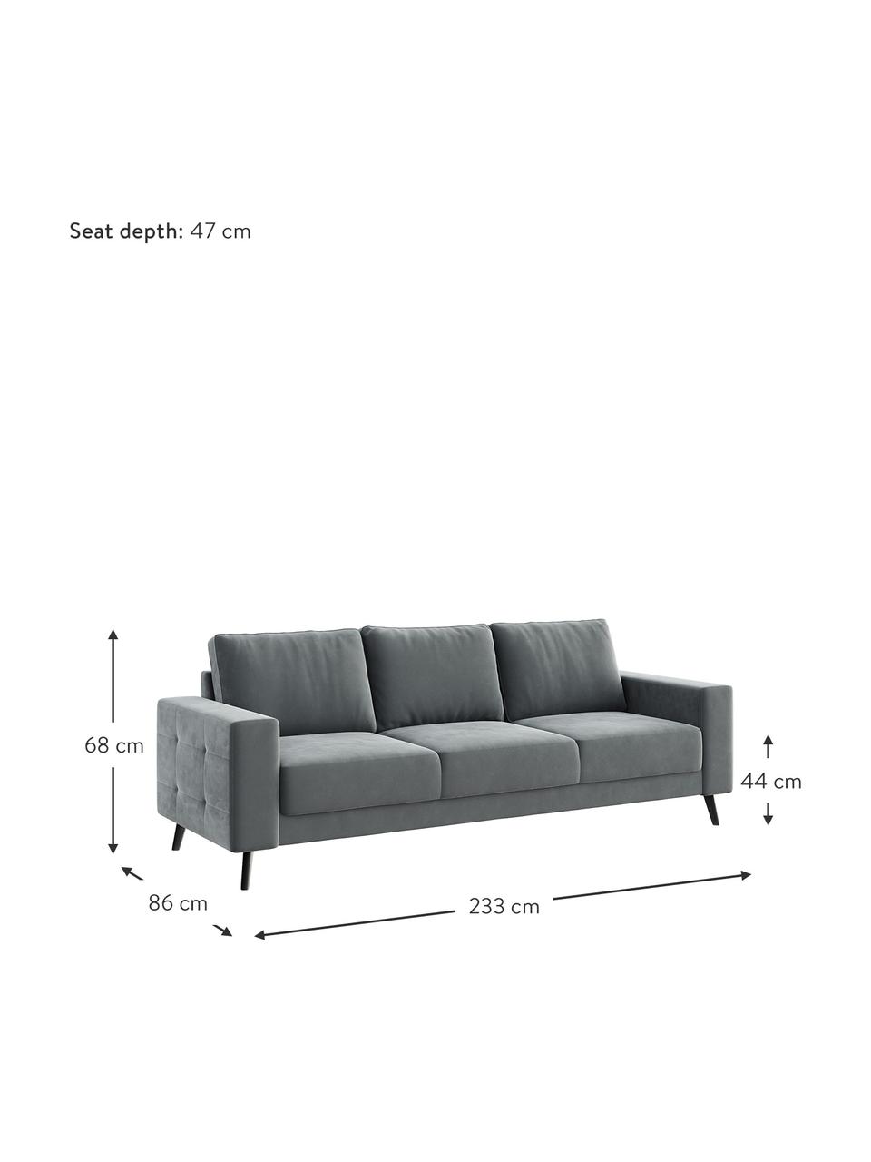 Divano 3 posti in velluto grigio acciaio Fynn, Rivestimento: 100% velluto di poliester, Struttura: legno duro, legno morbido, Piedini: legno laccato, Velluto grigio acciaio, Larg. 233 x Prof. 86 cm