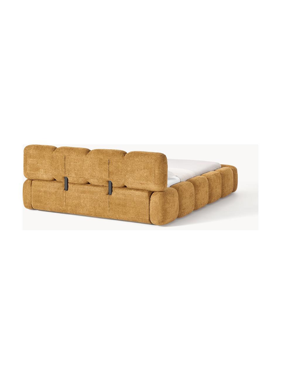 Lit matelassé en peluche-bouclette avec rangement Tayla, Peluche-bouclette ocre, larg. 140 x long. 200