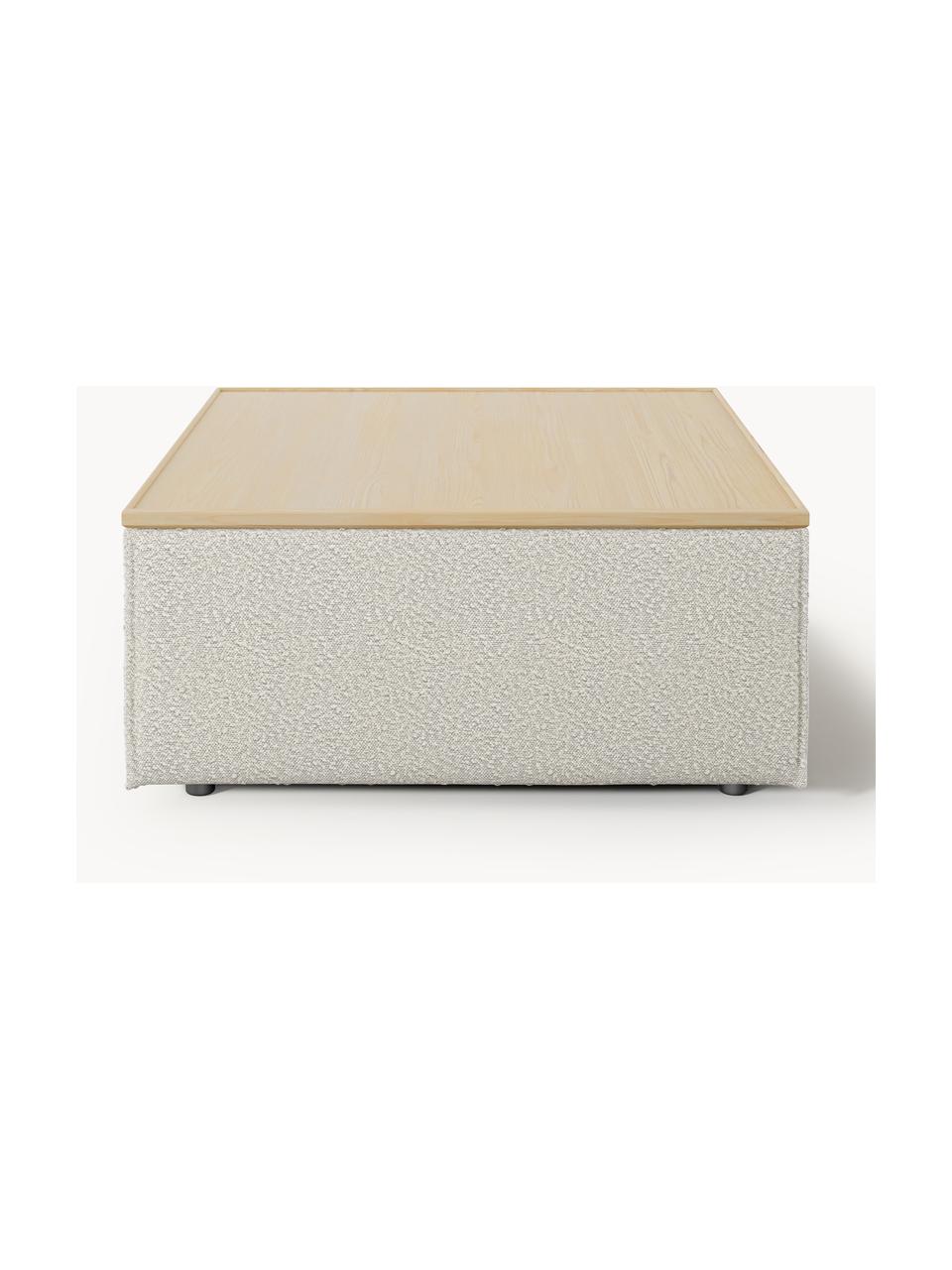 Sofa-Hocker Lennon aus Bouclé mit Stauraum, Bezug: Bouclé (80 % Polyester, 2, Tablett: Eichenholz, Spannplatte m, Gestell: Spanplatte, mitteldichte , Füße: Kunststoff Dieses Produkt, Bouclé Off White, helles Eichenholz, B 88 x T 88 cm