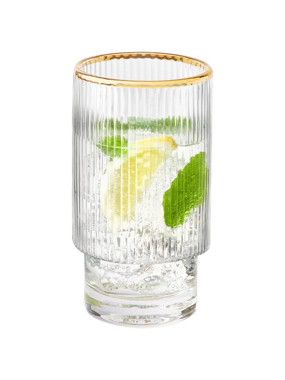 Vasos artesanales con relieve Minna, 4 uds., Vidrio soplado artesanalmente, Transparente, dorado, Ø 8 x Al 14 cm