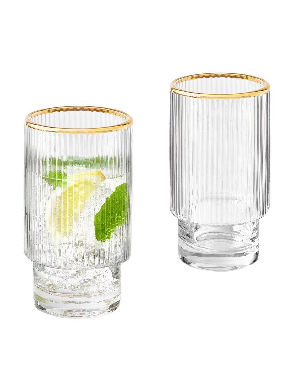 Vasos artesanales con relieve Minna, 4 uds., Vidrio soplado artesanalmente, Transparente, dorado, Ø 8 x Al 14 cm