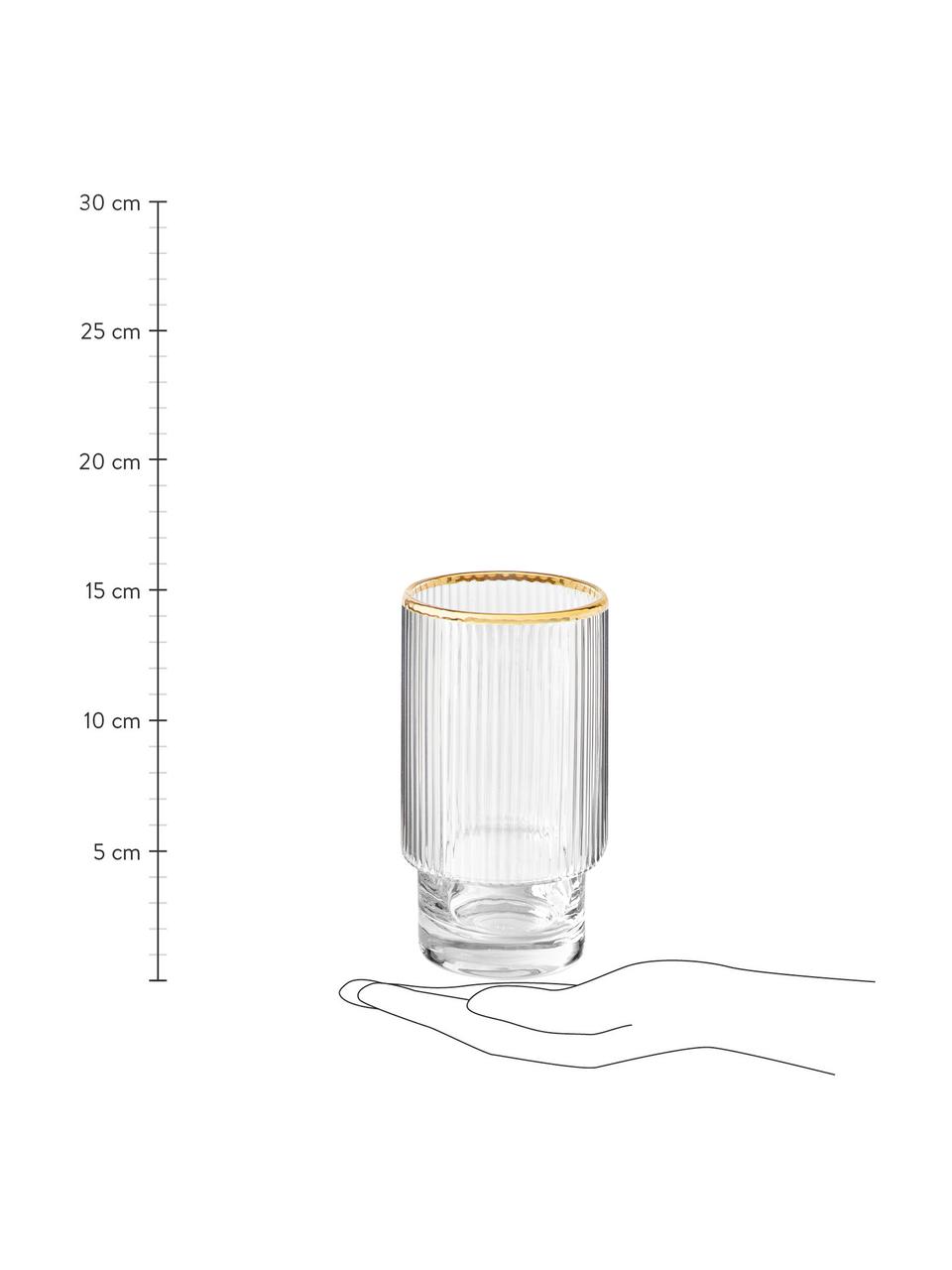 Ręcznie wykonana szklanka z ryflowanym reliefem Minna, 4 szt., Szkło dmuchane, Transparentny ze złotą krawędzią, Ø 8 x W 14 cm