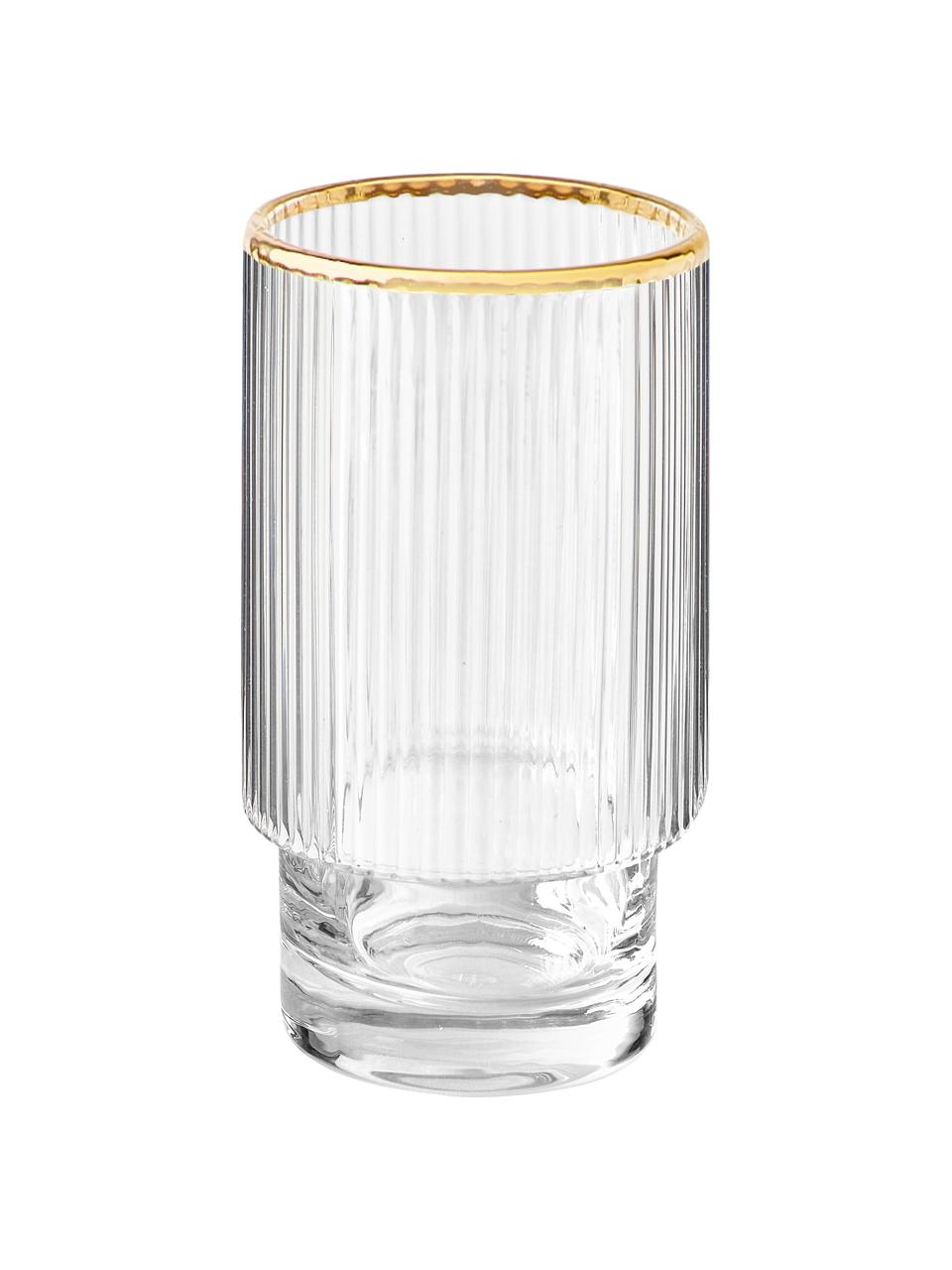 Ručně vyrobené sklenice s rýhovaným reliéfem a zlatým okrajem Minna, 4 ks, Foukané sklo, Transparentní se zlatým okrajem, Ø 8 cm, V 14 cm