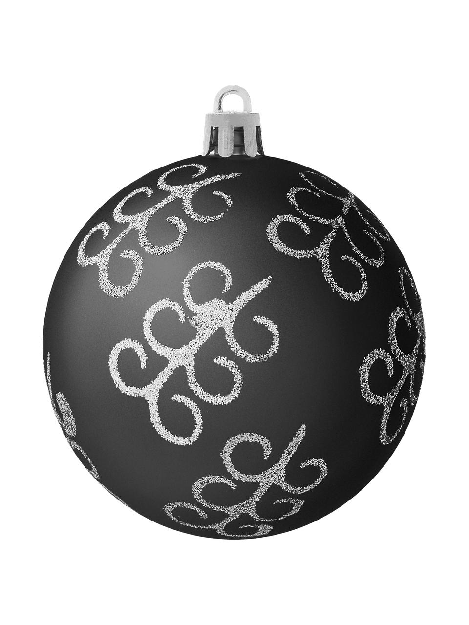 Bruchfeste Weihnachtskugeln Victoria, 60er-Set, Polystyrol, Schwarz, Silberfarben, Ø 7 cm