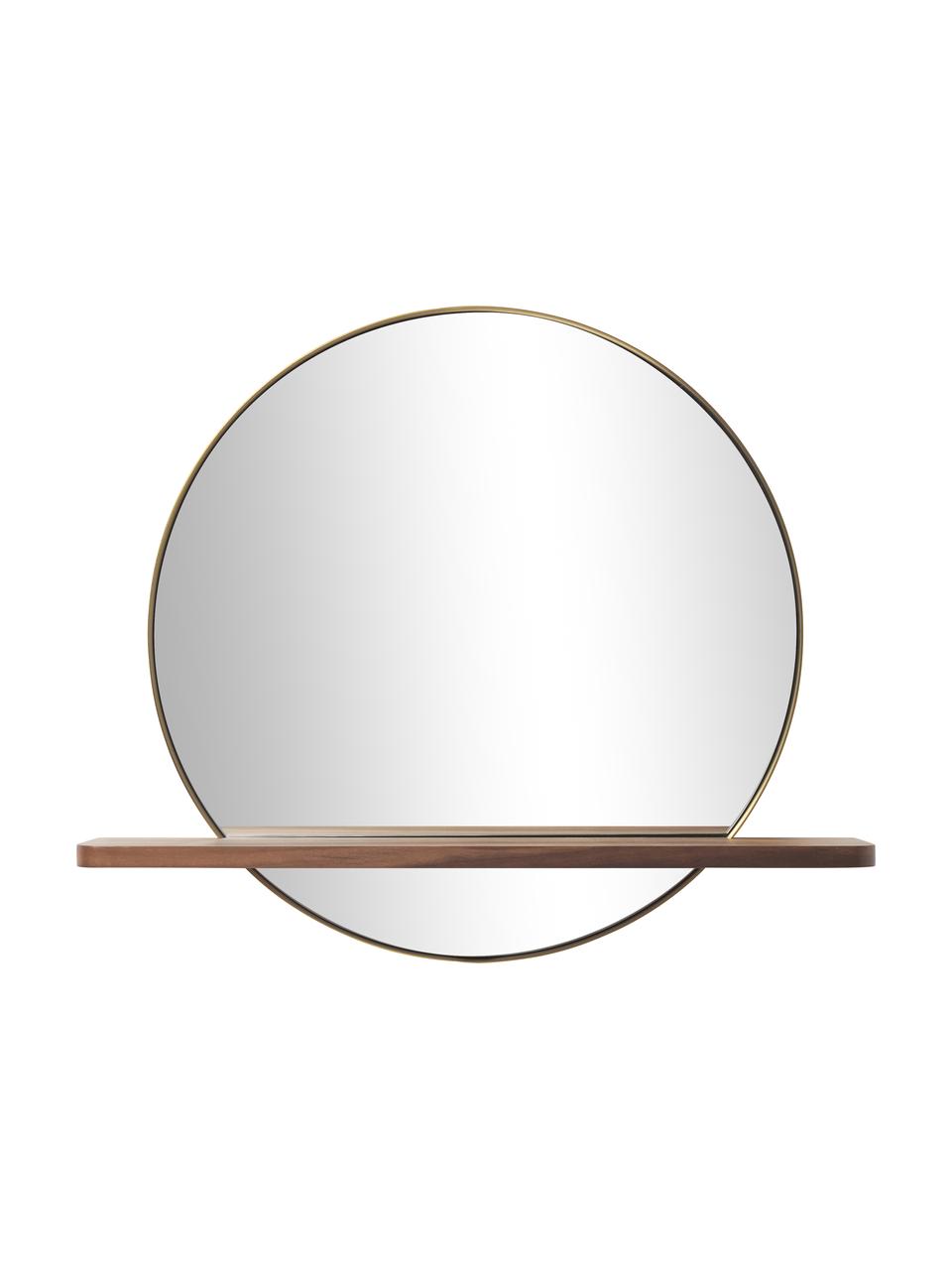 Espejo de pared redondo con estante de madera Kenny, Estante: tablero de fibras de dens, Espejo: cristal, Dorado, madera, An 70 x Al 60 cm