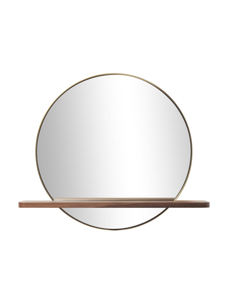 Kulaté nástěnné zrcadlo s dřevěnou poličkou a zlatým kovovým rámem Kenny, Zlatá, dřevo, Š 70 cm, V 60 cm
