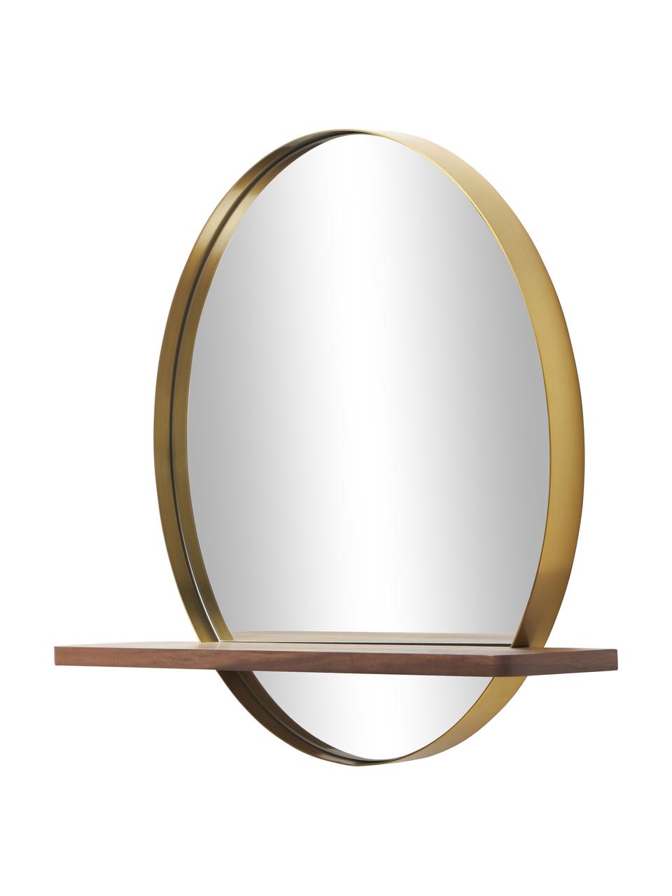 Okrągłe lustro ścienne z metalową ramą z półką Kenny, Odcienie złotego, drewno naturalne, S 70 x W 60 cm