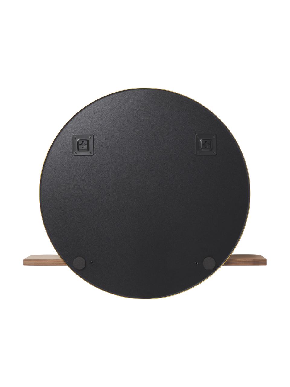 Specchio da parete rotondo con mensola in legno Aaron, Ripiano: pannello di fibra a media, Struttura: metallo, rivestito, Superficie dello specchio: vetro a specchio, Dorato, legno, Larg. 70 x Alt. 60 cm