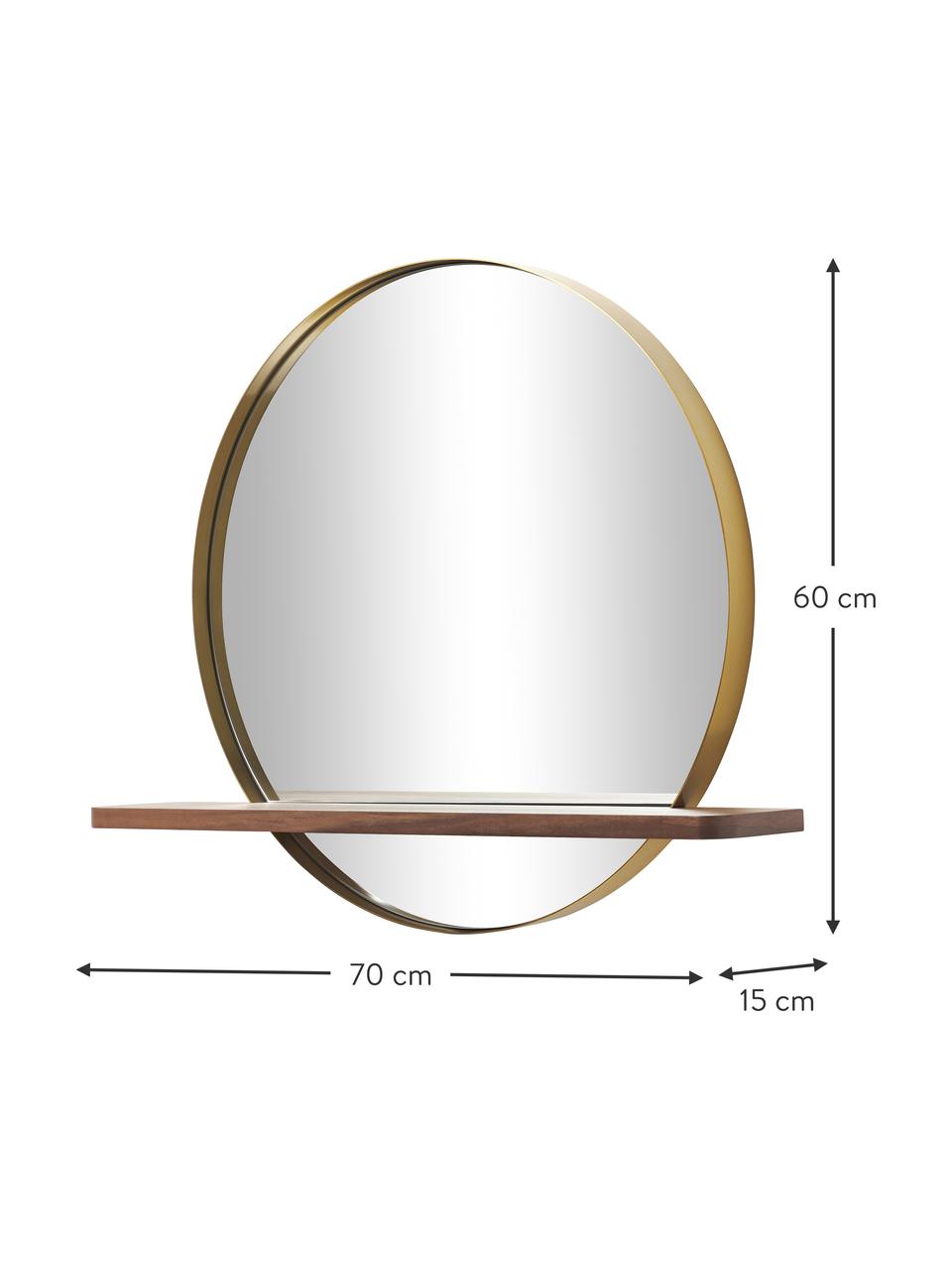 Okrągłe lustro ścienne z metalową ramą z półką Kenny, Odcienie złotego, drewno naturalne, S 70 x W 60 cm