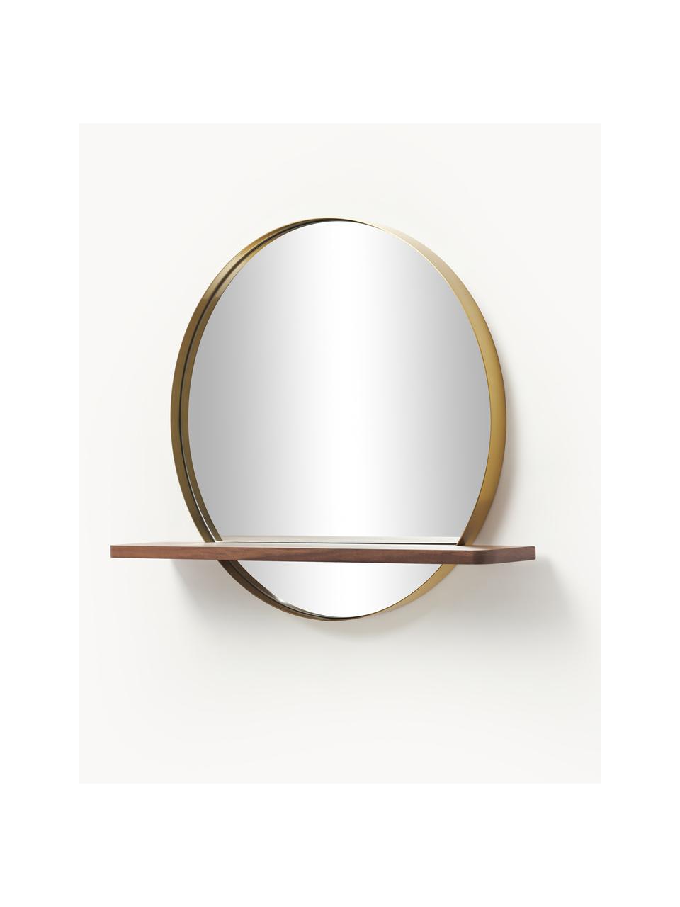 Kulaté nástěnné zrcadlo s dřevěnou poličkou a zlatým kovovým rámem Kenny, Zlatá, dřevo, Š 70 cm, V 60 cm