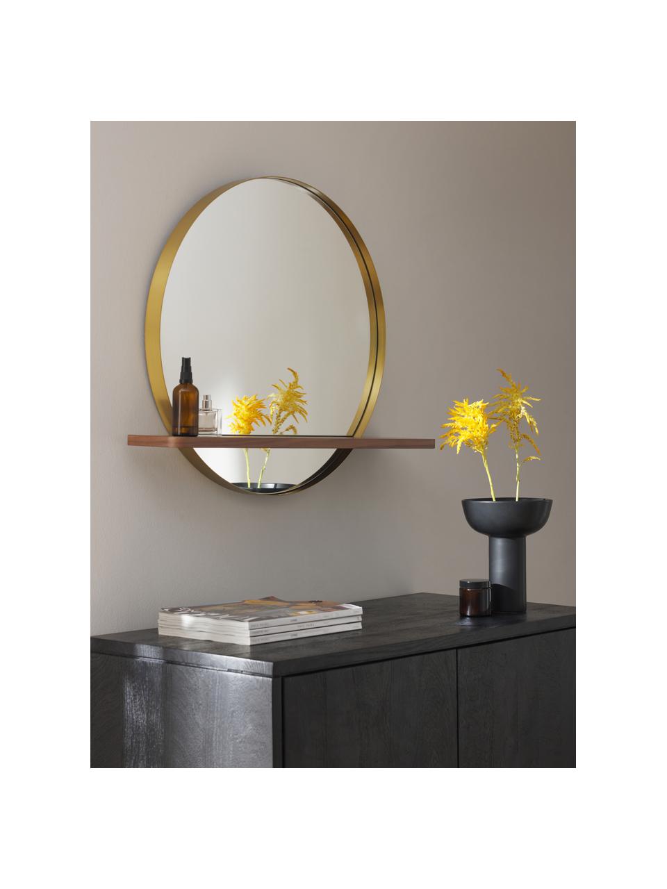 Miroir mural rond avec tablette en bois Kenny, Couleur dorée, bois, larg. 70 x haut. 60 cm